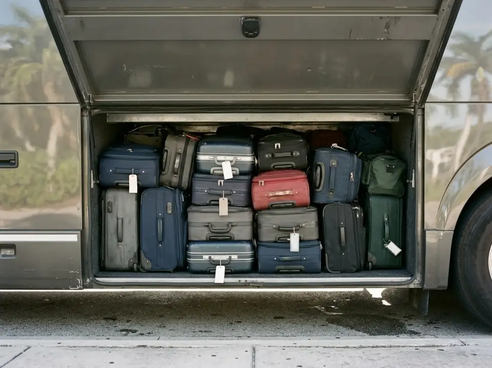 Illustration of suitcases with plain luggage tags packed neatly inside the open luggage bay of a motorcoach