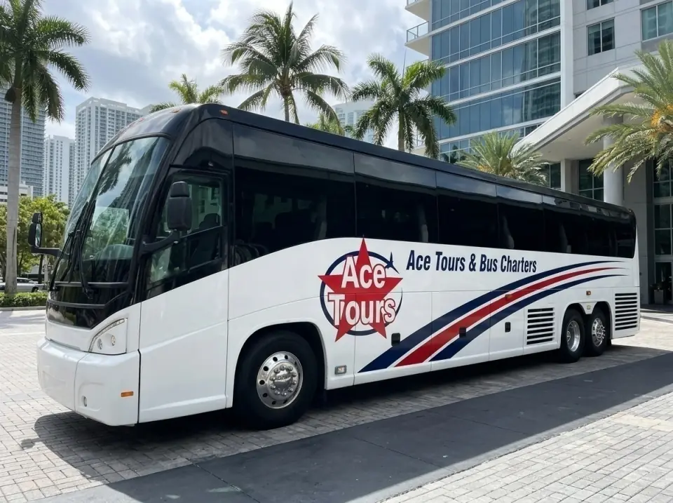 Illustration of an Ace Tours motorcoach in a downtown Miami hotel driveway with tall palms and glass towers behind