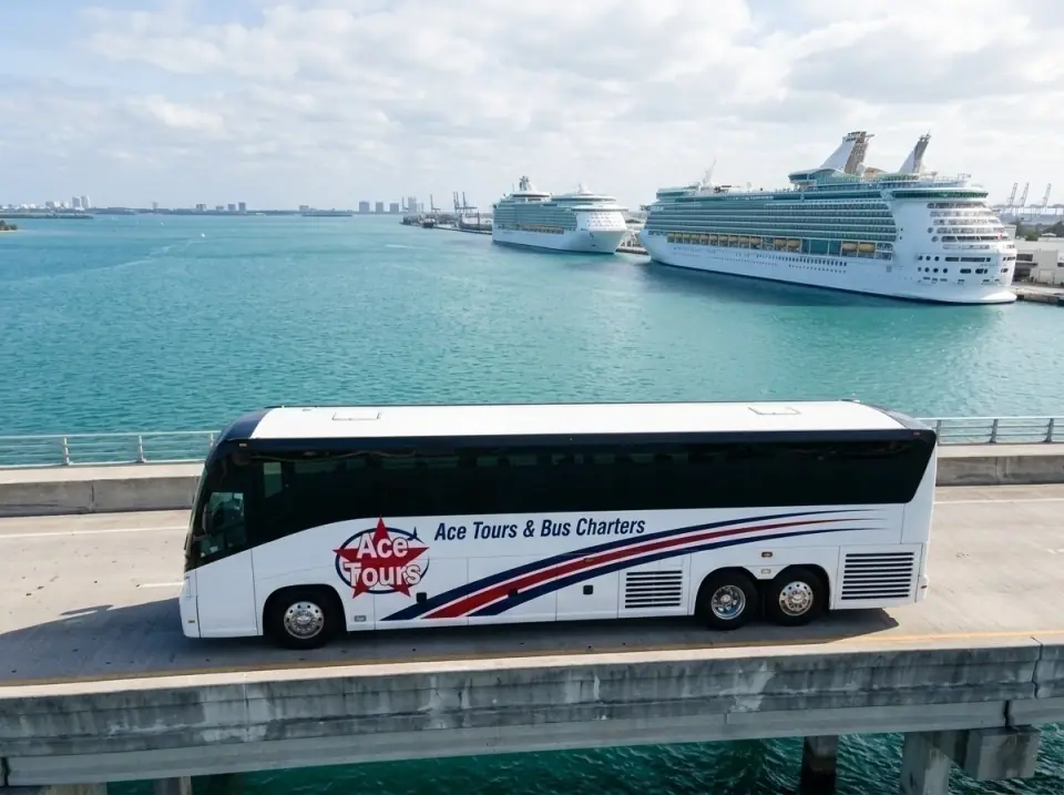 Illustration of an Ace Tours motorcoach crossing the Port of Miami bridge over the turquoise water of Biscayne Bay, two cruise ships ahead