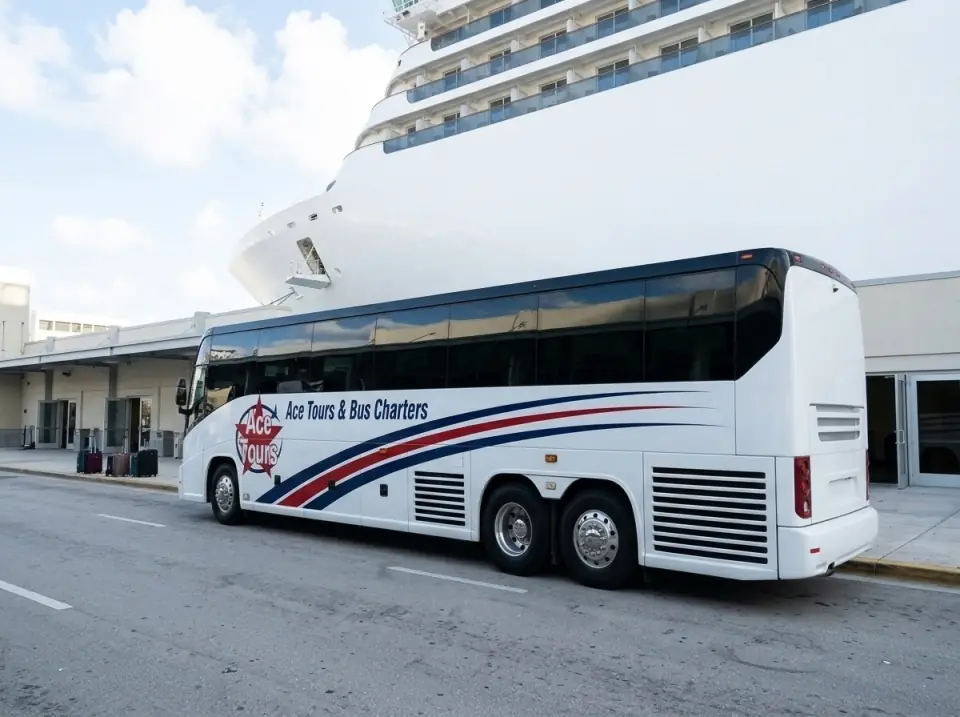 Illustration of an Ace Tours motorcoach at the PortMiami terminal curb, suitcases by the doors and a ship's white hull above