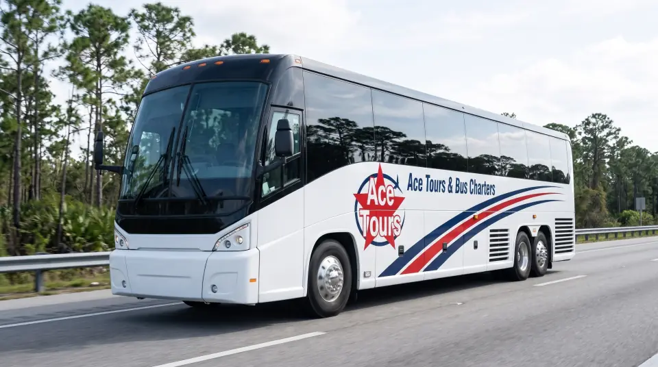 Illustration of a white Ace Tours & Bus Charters motorcoach on a flat Florida interstate lined with pine flatwoods under scattered clouds, front three-quarter view
