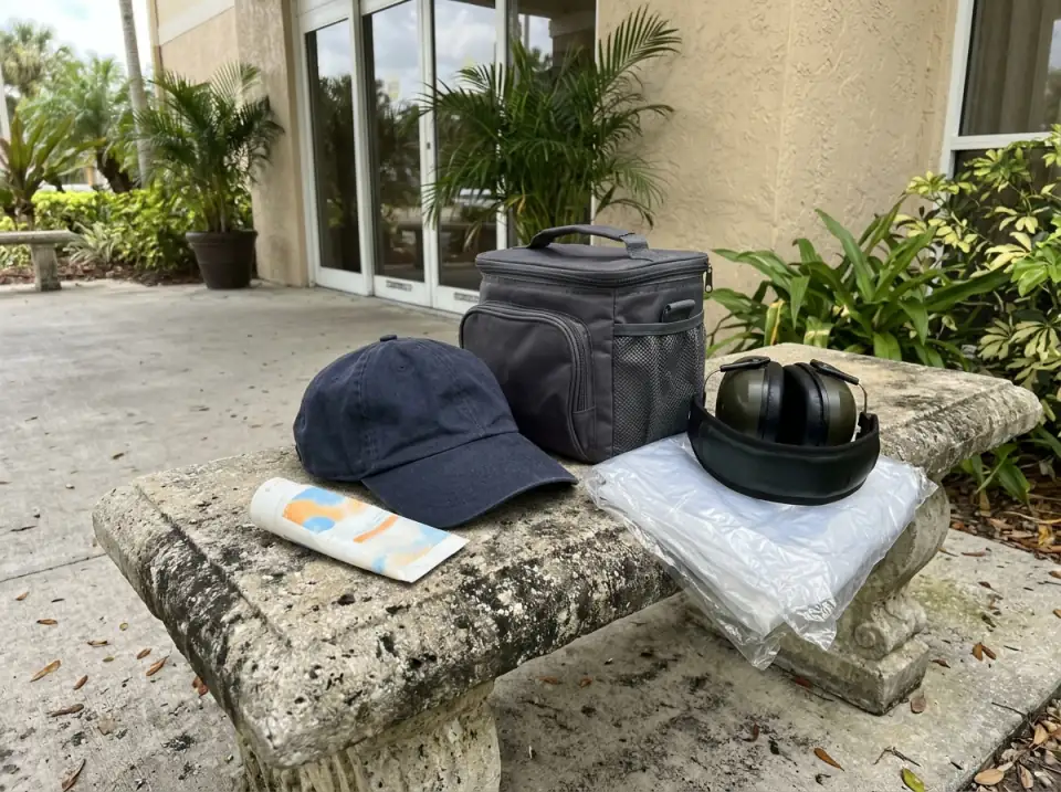 Illustration of a cap, a tube of sunscreen, a folded rain poncho, ear protection muffs and a small soft cooler on a stone bench beside a hotel entrance