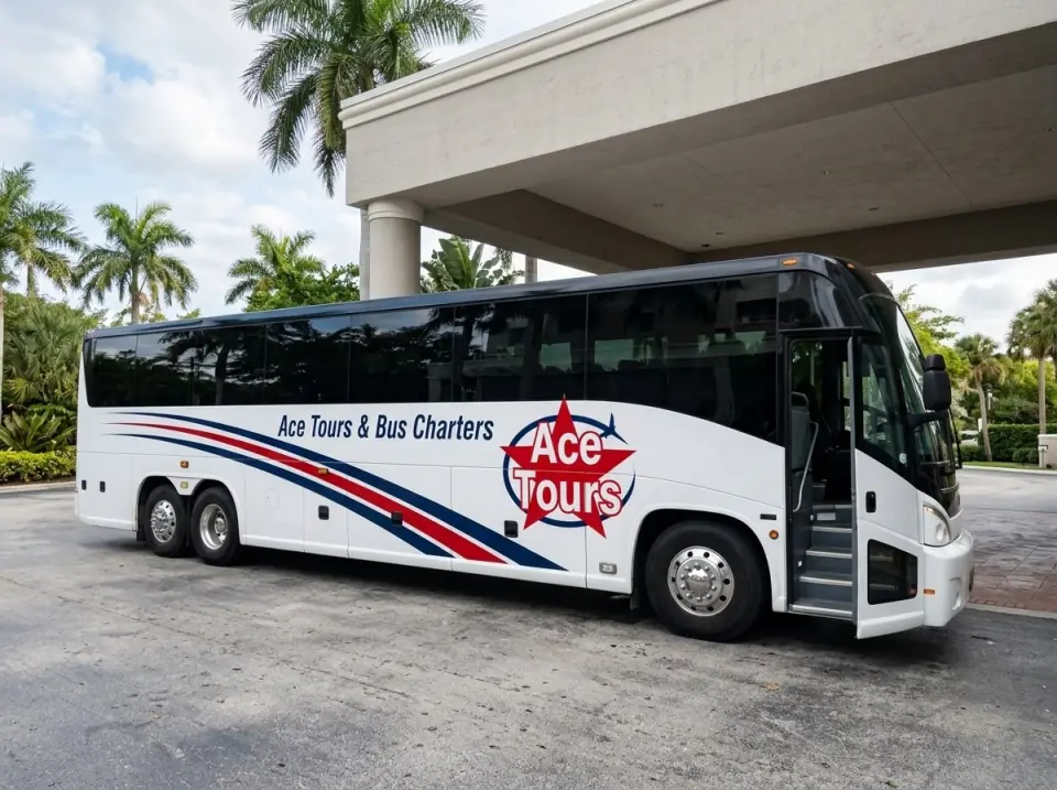 Illustration of a white Ace Tours & Bus Charters motorcoach waiting with its door open under a hotel entrance canopy in South Florida in the morning