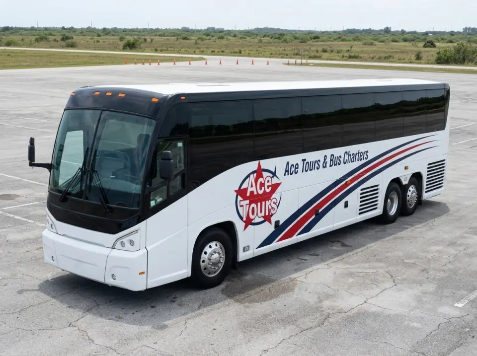 Illustration of a white Ace Tours & Bus Charters motorcoach parked in a wide paved lot lined with orange cones, flat open land behind, side view