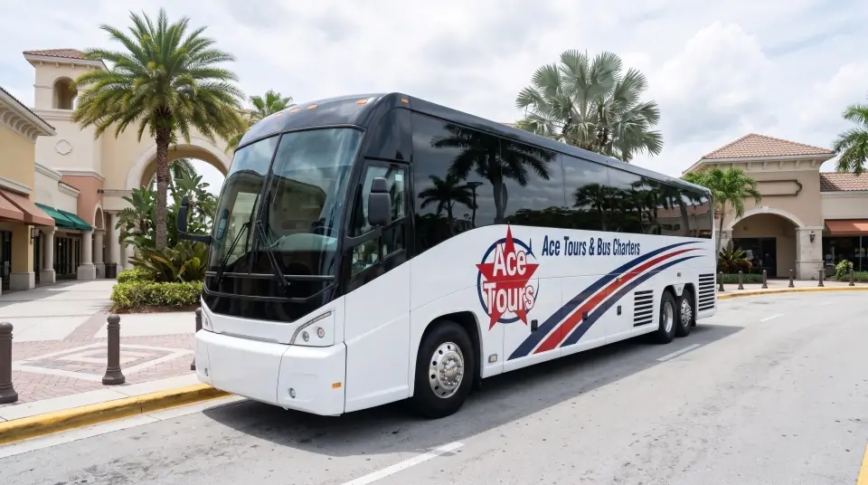 Illustration of a white Ace Tours & Bus Charters motorcoach parked at the entrance of a huge open-air outlet mall in Sunrise, Florida, with palm trees and walkways