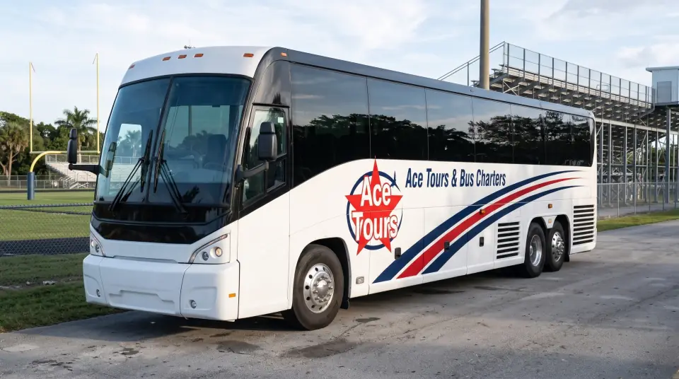 Illustration of a white Ace Tours motorcoach parked at a South Florida high school sports field with goalposts and empty bleachers