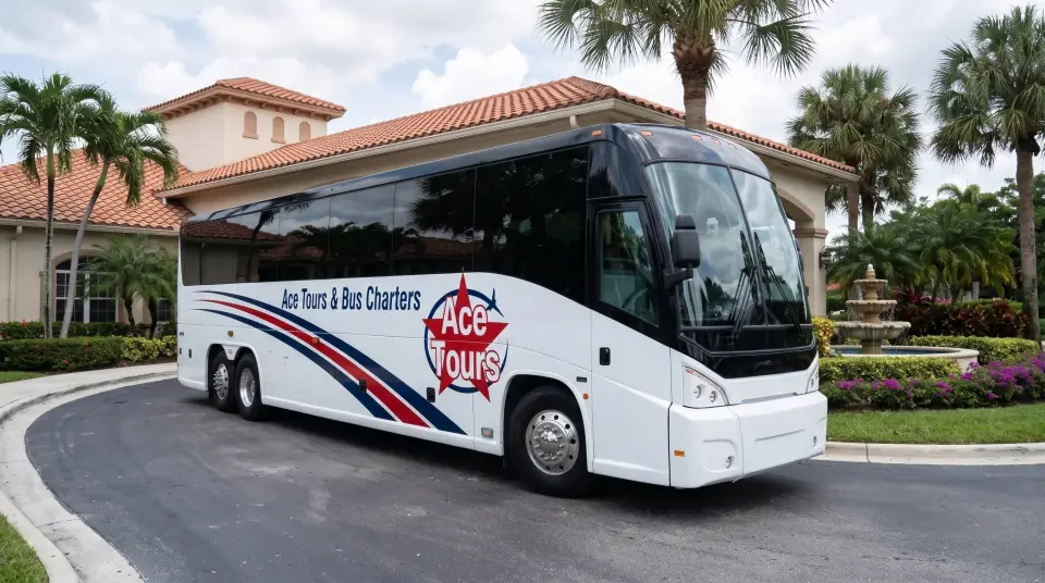 Illustration of a white Ace Tours & Bus Charters motorcoach on the palm-lined entrance drive of a South Florida 55+ community clubhouse with a fountain