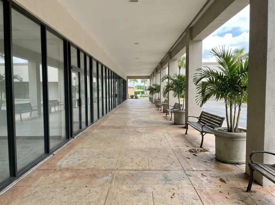 Illustration of a wide covered outdoor shopping walkway with benches, potted palms and plain glass storefronts