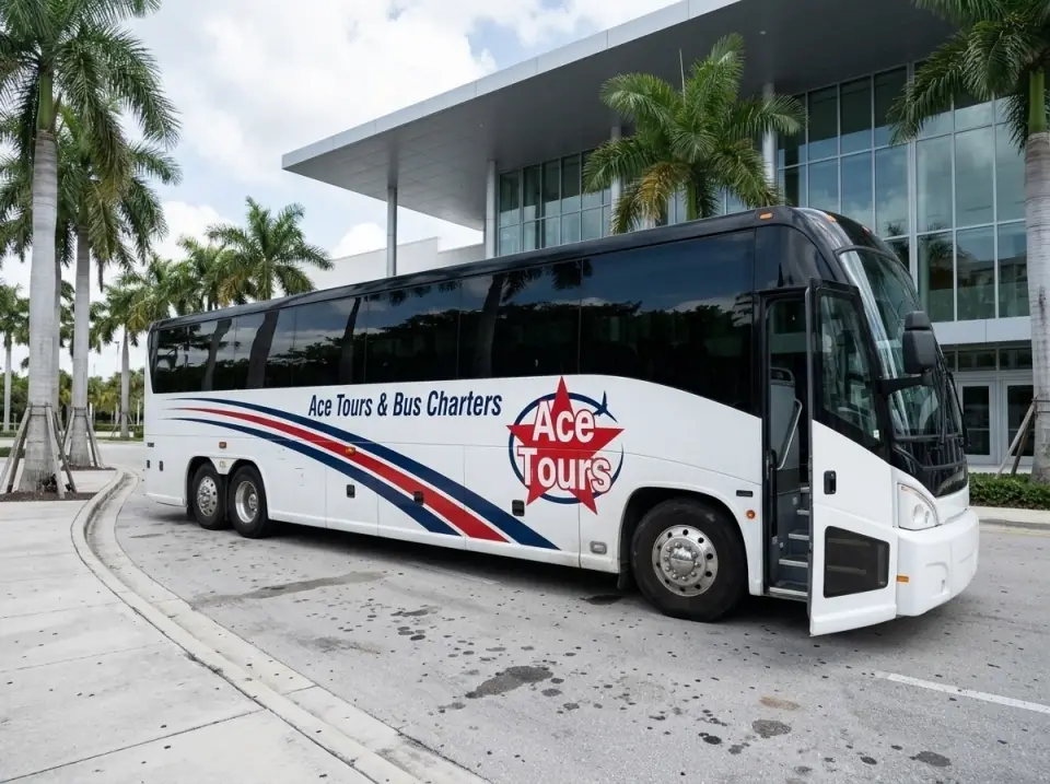 Illustration of a white Ace Tours & Bus Charters motorcoach at the drop-off curb of a modern theater building with a tall glass lobby and palms