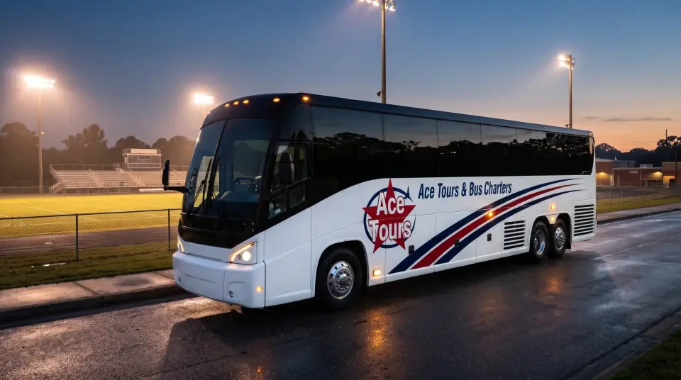 Illustration of a white Ace Tours & Bus Charters motorcoach parked beside a high school football field at dusk with the field lights glowing