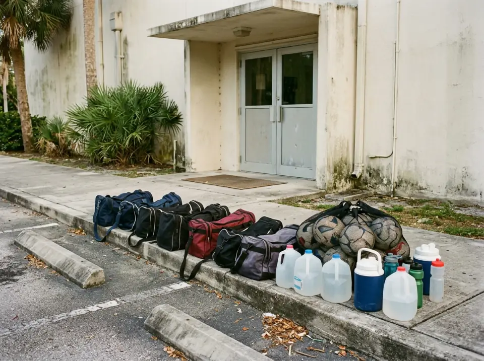 Illustration of sports duffel bags, a mesh bag of soccer balls and water jugs lined up on a curb beside a gym entrance