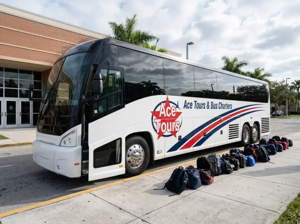 Illustration of a white Ace Tours & Bus Charters motorcoach waiting at a school gym curb in the morning with its door open and equipment bags lined up on the curb