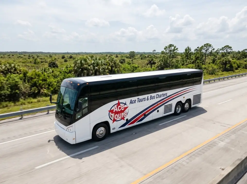 Illustration of a white Ace Tours & Bus Charters motorcoach on Florida's Turnpike through flat green country, seen from a low drone angle beside it