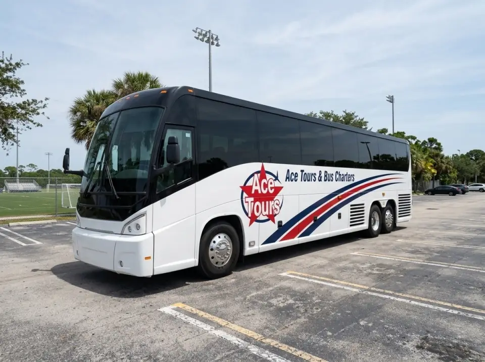 Illustration of a white Ace Tours & Bus Charters motorcoach parked in a large sports complex parking lot in Fort Lauderdale with soccer fields behind a fence
