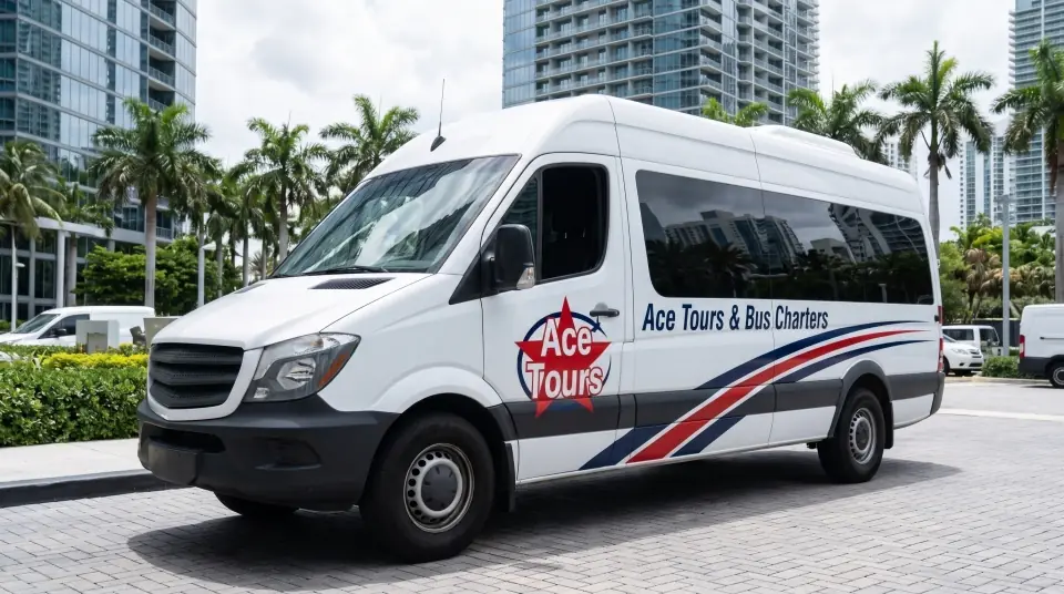 Illustration of a white Ace Tours & Bus Charters Sprinter-style passenger van parked in a Brickell, Miami driveway with glass towers and palms behind