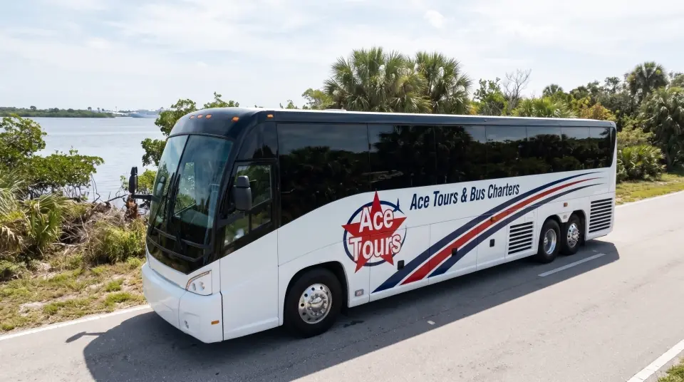 Illustration of a white Ace Tours & Bus Charters motorcoach on a quiet Port St. Lucie road beside the St. Lucie River with mangroves and palms