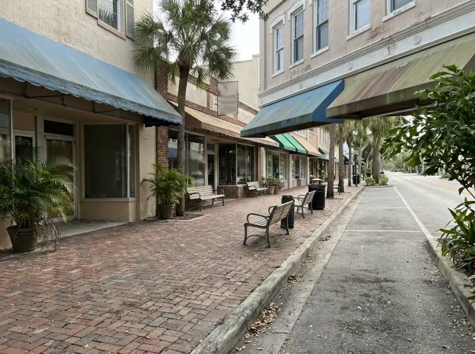 Illustration of a quiet street in historic downtown Stuart with awnings, brick sidewalks and palms