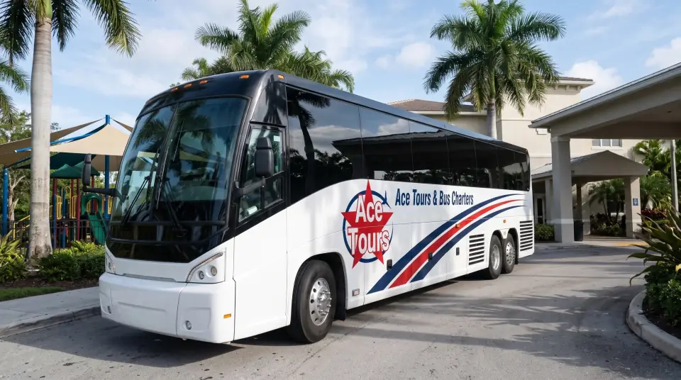 Illustration of a white Ace Tours & Bus Charters motorcoach waiting in the driveway of a South Florida community recreation center on a summer morning, a shaded playground and palms behind