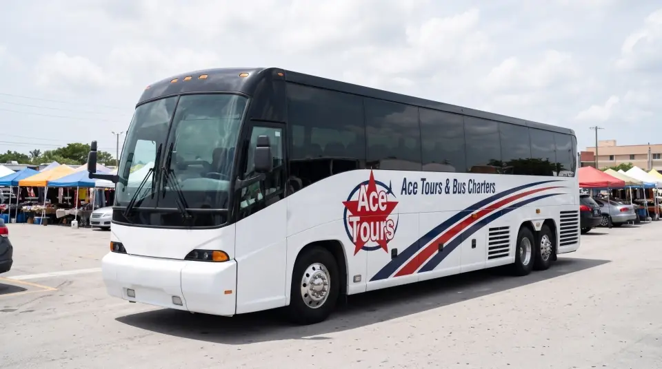 Illustration of a white Ace Tours & Bus Charters motorcoach parked beside a large open-air flea market with rows of colorful canopy stalls in Fort Lauderdale