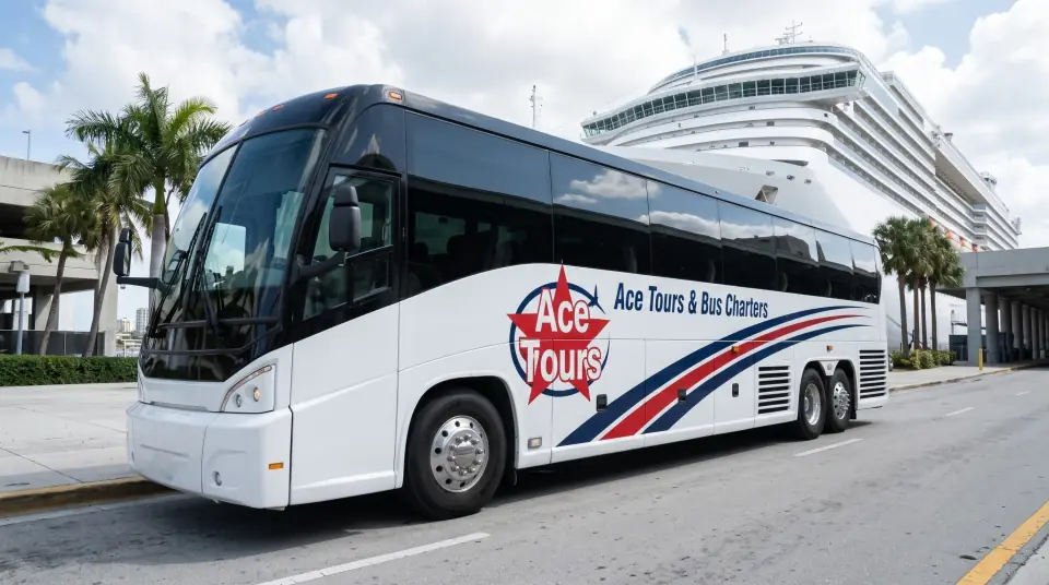 Illustration of an Ace Tours motorcoach parked at a cruise terminal curb with a cruise ship behind and palms nearby