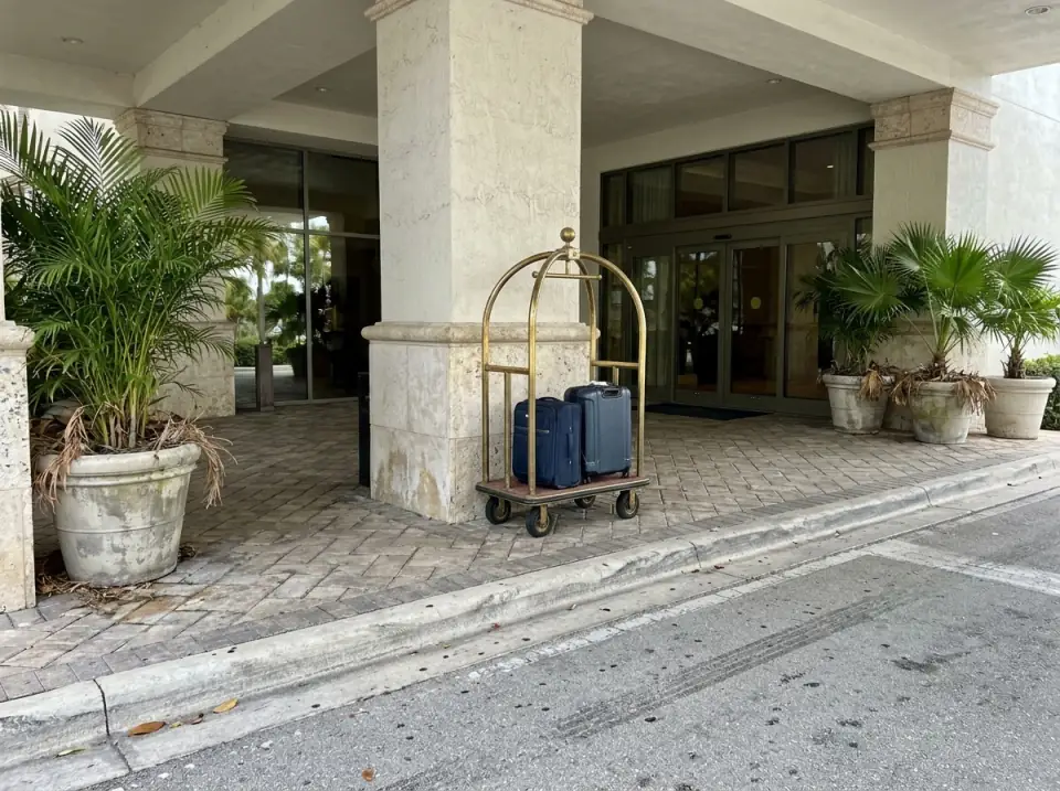Illustration of a brass luggage cart with two suitcases waiting under a hotel entrance canopy, potted palms beside the glass doors