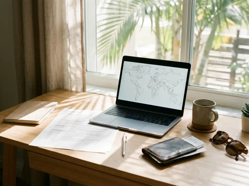 Illustration of a tidy travel planning desk with a laptop showing a blank map, a printed itinerary, a passport wallet and a coffee cup