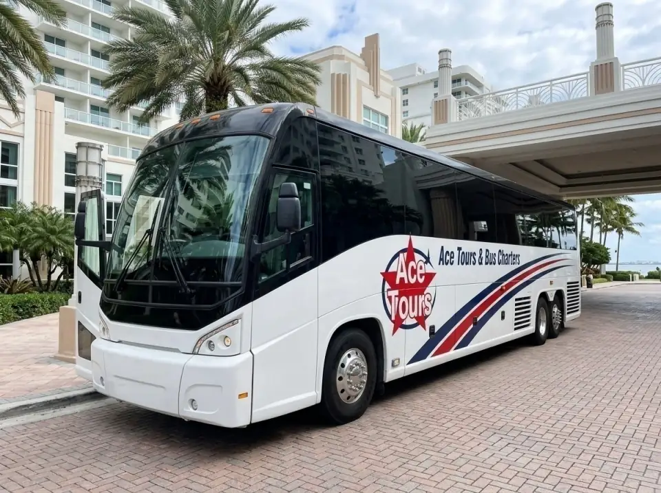 Illustration of an Ace Tours motorcoach waiting in a large Miami Beach resort hotel driveway, door open