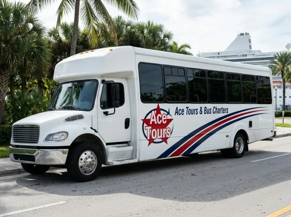 Illustration of an Ace Tours minibus on a palm-lined Fort Lauderdale road, seen from a low angle
