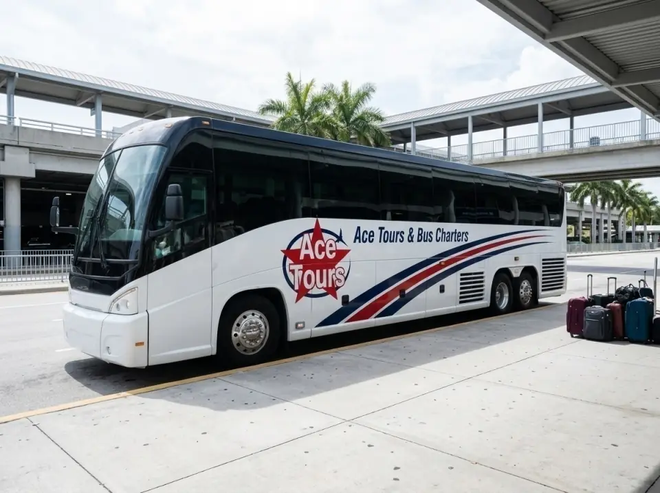 Illustration of an Ace Tours motorcoach at the Fort Lauderdale airport arrivals curb, suitcases waiting beside it