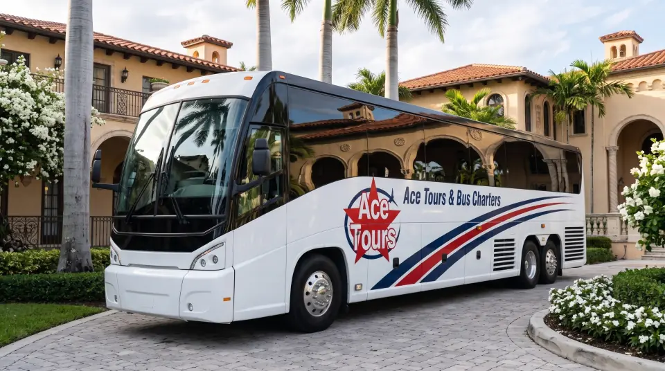 Illustration of a white Ace Tours & Bus Charters motorcoach parked in the driveway of an elegant wedding venue with Mediterranean arches, white flowers and royal palms