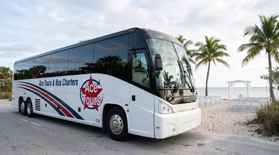 Illustration of a white Ace Tours & Bus Charters motorcoach parked at a beachfront wedding venue in Key West, white chairs in rows on the sand facing the ocean, palms and a white arch in late afternoon