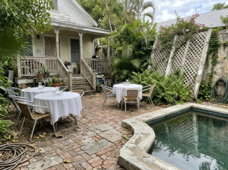 Illustration of a walled garden courtyard behind a Key West inn, round tables in white linens beside a small pool, lattice and palms