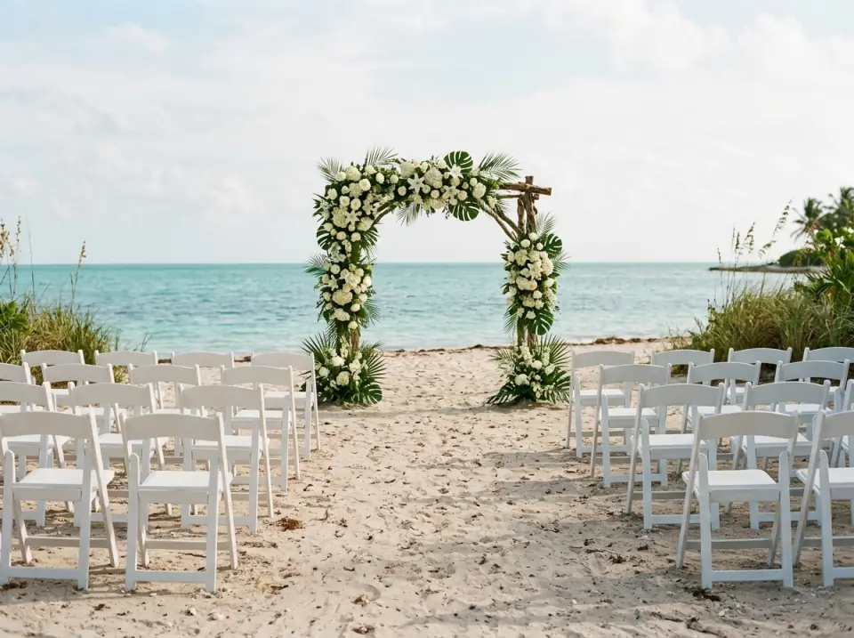 Illustration of a white flower arch on a Key West beach with rows of empty white chairs facing turquoise water