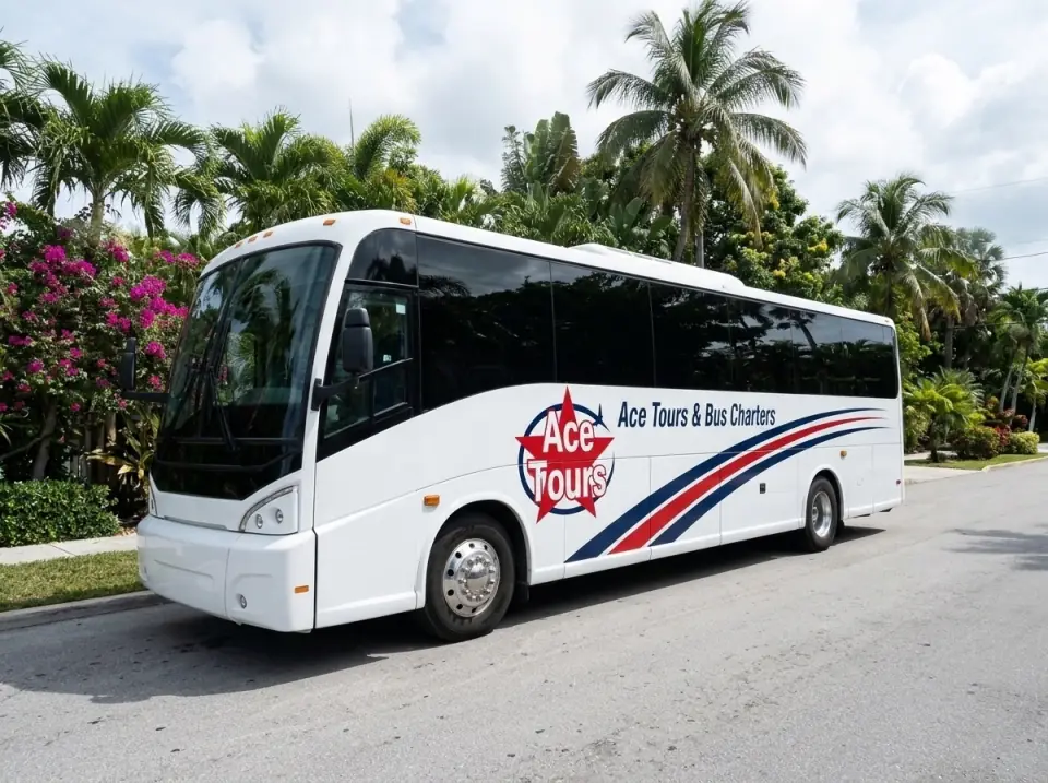 Illustration of a white Ace Tours & Bus Charters coach on a quiet Key West street lined with tropical gardens