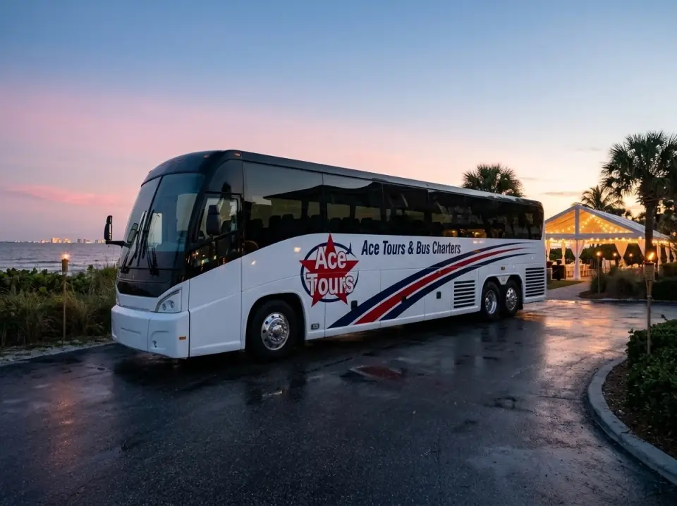 Illustration of a white Ace Tours & Bus Charters motorcoach parked beside a beachfront wedding venue at dusk, the sky pink over the water and torches glowing