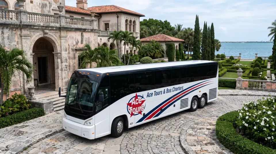 Illustration of a white Ace Tours & Bus Charters motorcoach parked at the entrance of a grand Italian Renaissance style villa in Miami with formal gardens, white flowers and Biscayne Bay behind