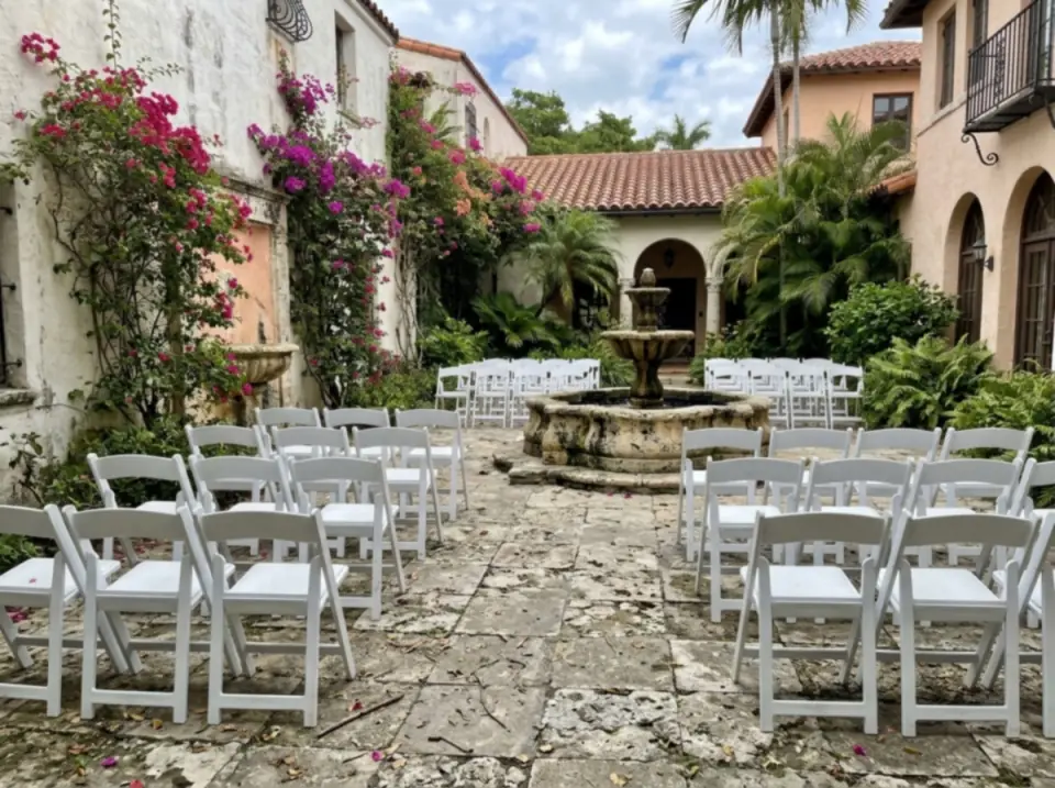 Illustration of a Coral Gables garden courtyard with a coral stone fountain, bougainvillea on the walls and rows of white folding chairs