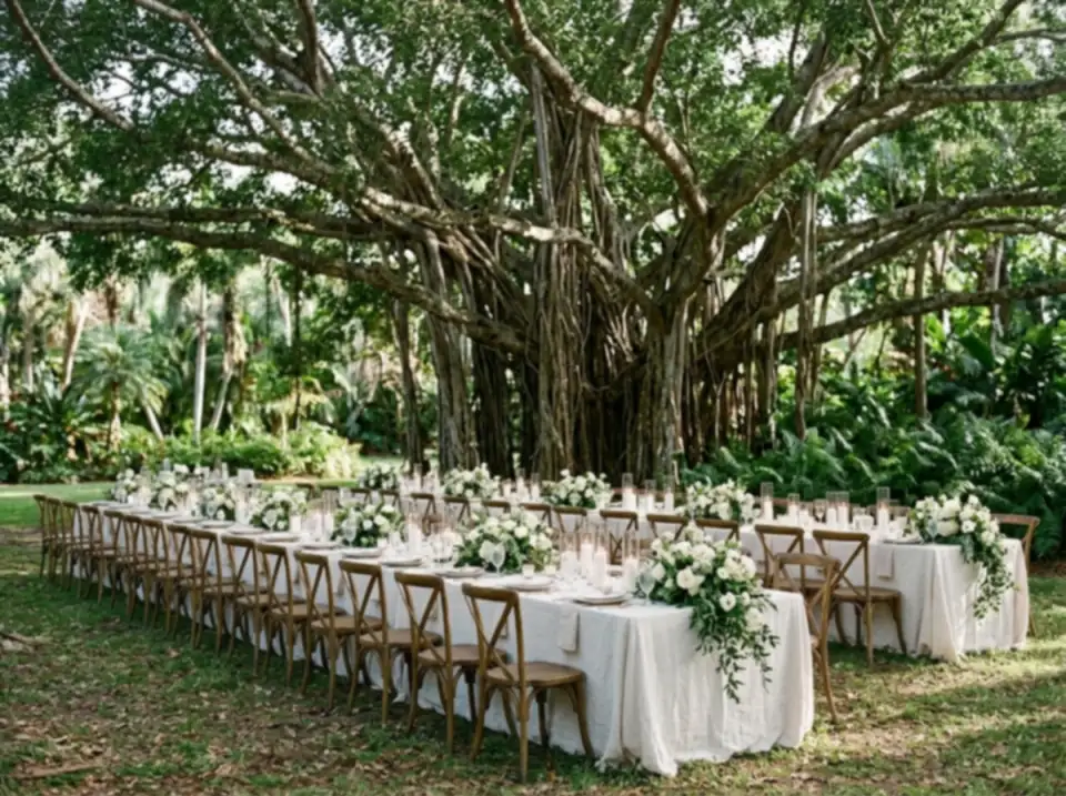 Illustration of a long reception table set with white flowers and candles under a banyan tree in a Miami garden