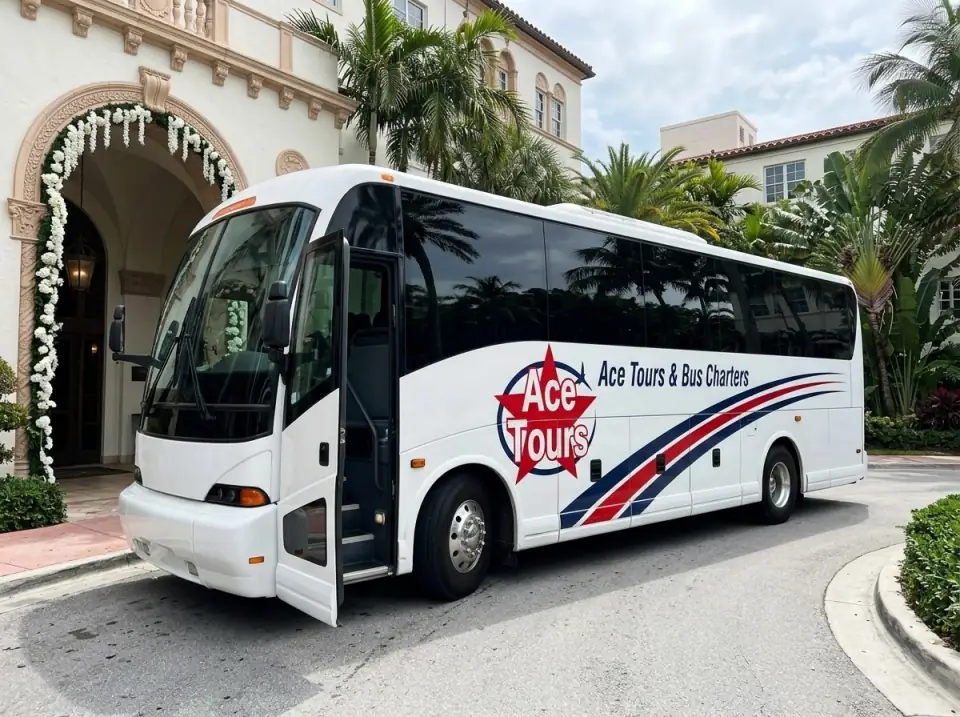 Illustration of a white Ace Tours & Bus Charters coach waiting with its door open in a Miami Beach hotel driveway with palms and white flower garlands at the entrance