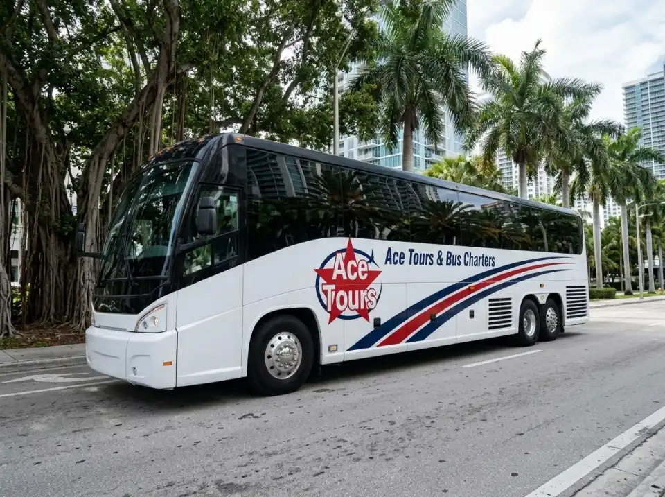 Illustration of a white Ace Tours & Bus Charters motorcoach driving along Brickell Avenue in Miami with banyan trees and palms
