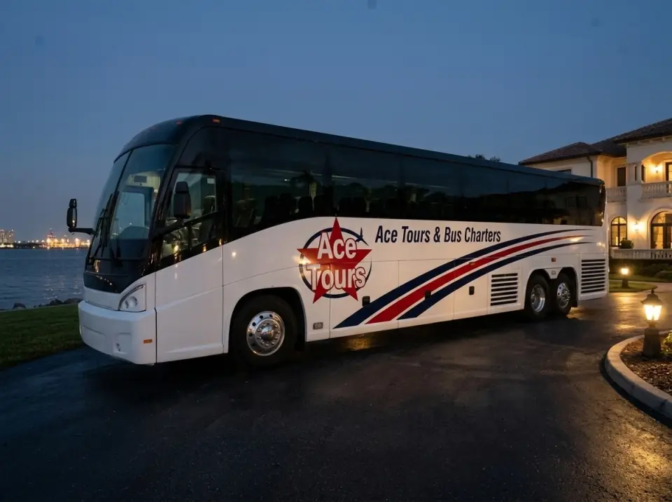 Illustration of a white Ace Tours & Bus Charters motorcoach parked on a bayfront villa venue drive at dusk, garden lanterns glowing