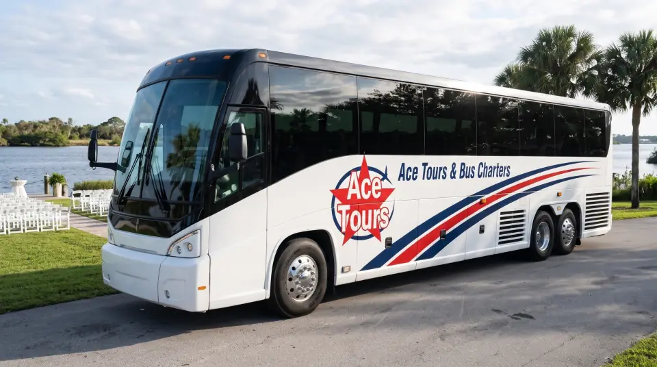 Illustration of a white Ace Tours & Bus Charters motorcoach parked at a riverside wedding venue in Port St. Lucie, rows of white chairs on the lawn and the St. Lucie River behind in late afternoon light