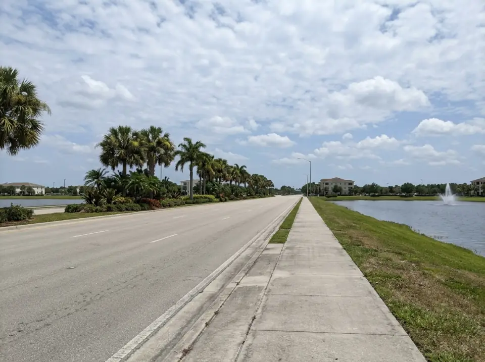 Illustration of a wide, empty boulevard in Port St. Lucie with a palm-planted median and a lake with a fountain beside the road