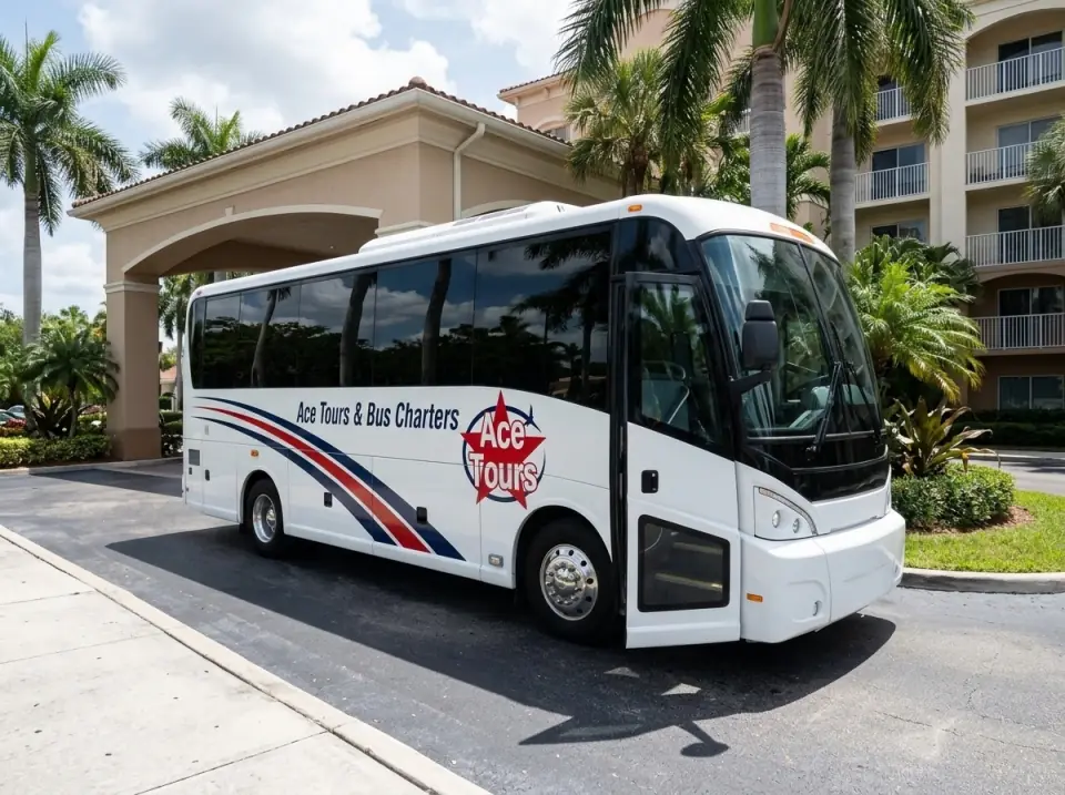 Illustration of a white Ace Tours & Bus Charters coach waiting with its door open at a Port St. Lucie hotel entrance with palms
