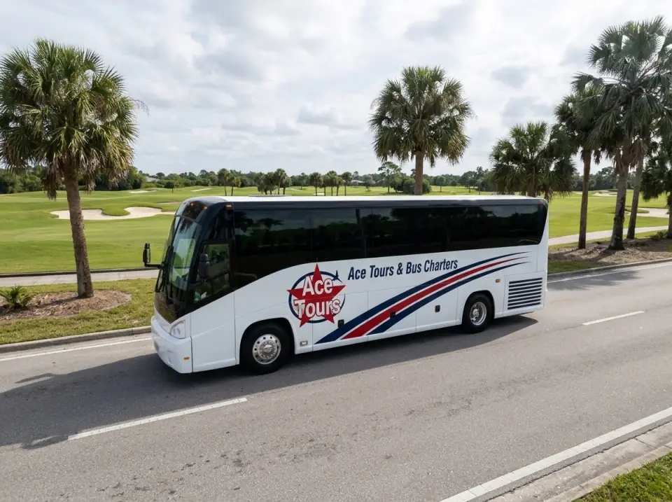 Illustration of a white Ace Tours & Bus Charters coach on a palm-lined road beside a golf course in Port St. Lucie