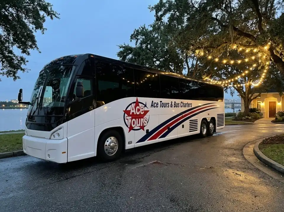 Illustration of a white Ace Tours & Bus Charters motorcoach parked on a riverside wedding venue drive at dusk, string lights glowing in the oak trees
