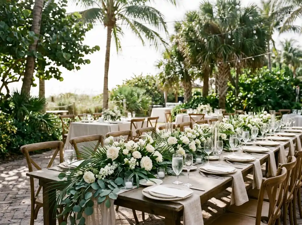 Illustration of white roses and greenery arranged on a reception table at an outdoor South Florida wedding venue under palm trees