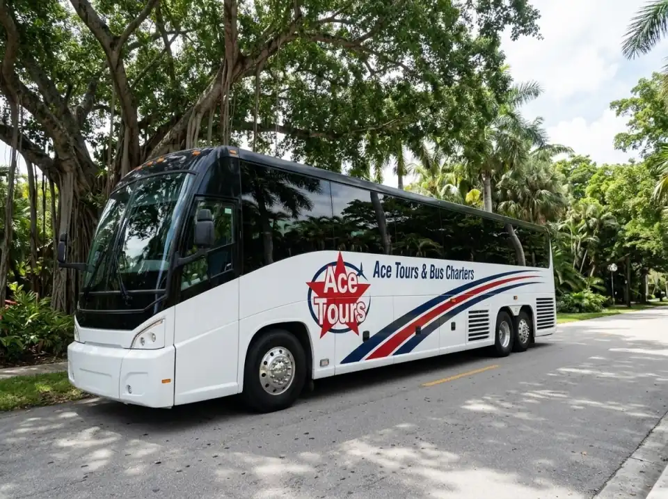 Illustration of a white Ace Tours & Bus Charters motorcoach driving on a palm-lined road in Coral Gables with banyan trees