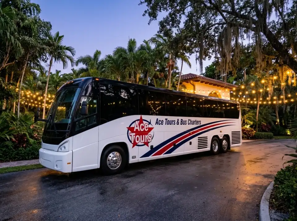 Illustration of a white Ace Tours & Bus Charters motorcoach parked on the drive of a garden wedding venue in Fort Lauderdale at dusk with warm string lights in the trees