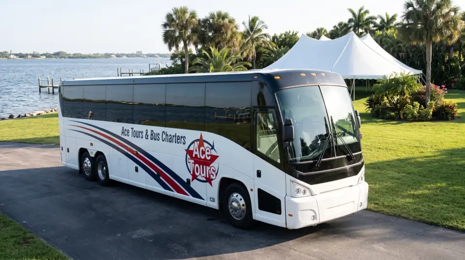 Illustration of a white Ace Tours & Bus Charters motorcoach parked at a waterfront wedding venue on the St. Lucie River in Stuart, a white tent and palms on the lawn in late afternoon